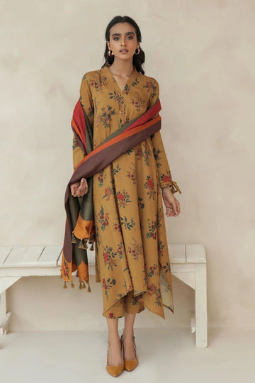 3- Piece Embroidered Khaddar Dress with Wool Shawl