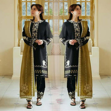 3- Piece Embroidered Dhanak Dress with Wool Shawl