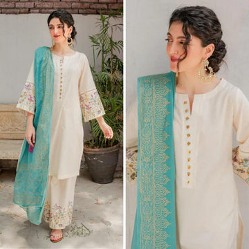 3- Piece Embroidered Dhanak Dress with Wool Shawl
