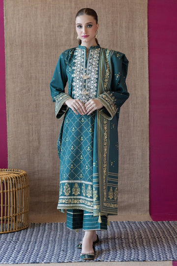 3- Piece Embroidered Khaddar Dress with Wool Shawl