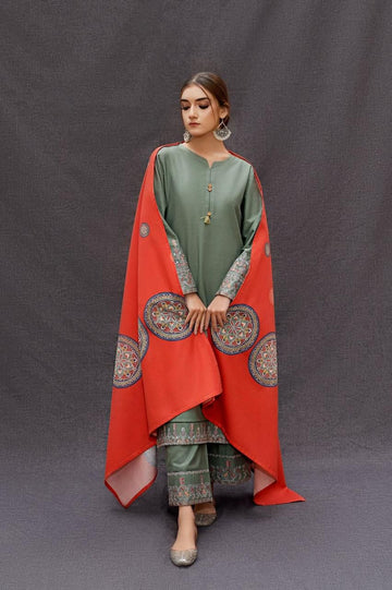3- Piece Embroidered Dhanak Dress with Wool Shawl