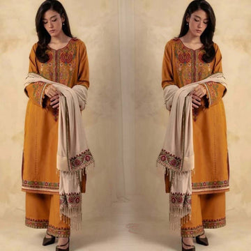 3- Piece Embroidered Dhanak Dress with Wool Shawl