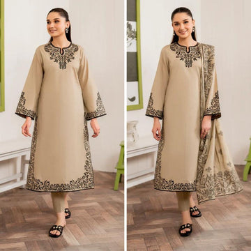 3- Piece Embroidered Dhanak Dress with Wool Shawl