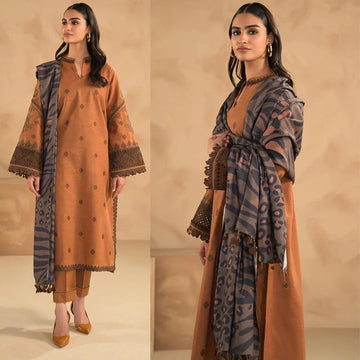 3- Piece Embroidered Dhanak Dress with Wool Shawl