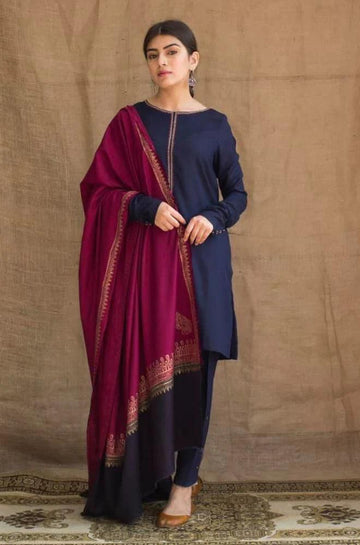 3- Piece Embroidered Dhanak Dress with Wool Shawl