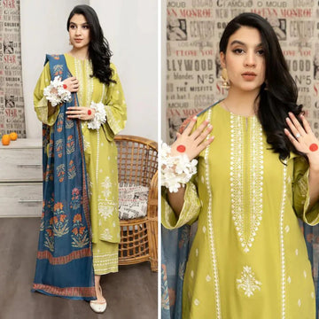 3- Piece Embroidered Dhanak Dress with Wool Shawl