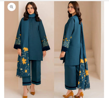 3- Piece Embroidered Dhanak Dress with Wool Shawl