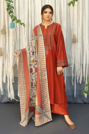 3- Piece Embroidered Dhanak Dress with Wool Shawl