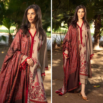 3- Piece Embroidered Dhanak Dress with Wool Shawl