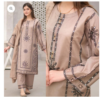 3- Piece Embroidered Dhanak Dress with Wool Shawl