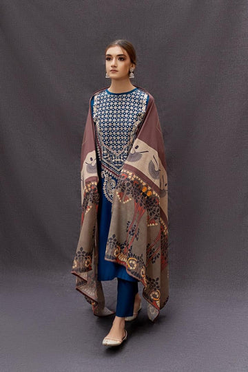 3- Piece Embroidered Dhanak Dress with Wool Shawl