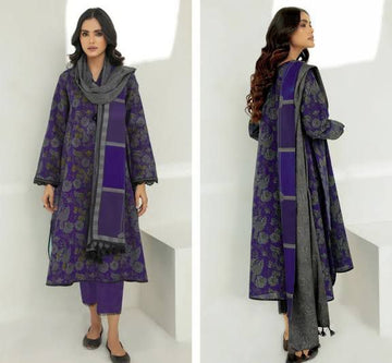 3- Piece Embroidered Khaddar Dress with Wool Shawl