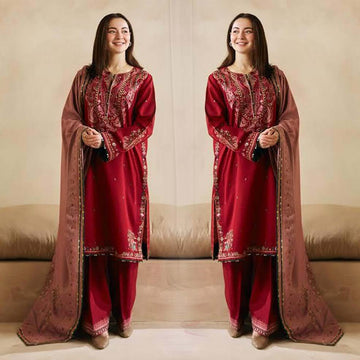 3- Piece Embroidered Dhanak Dress with Wool Shawl