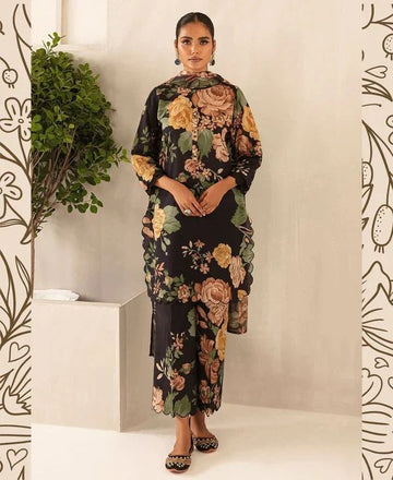 3- Piece Embroidered Khaddar Dress with Wool Shawl