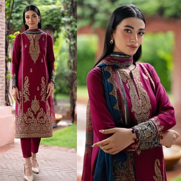 3- Piece Embroidered Dhanak Dress with Wool Shawl