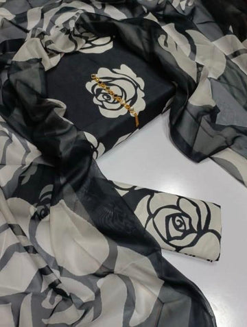 black with grey floral  - Lawn 3Pc Suit
