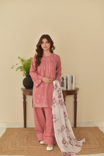 Dark Pink  - Embroidered Lawn 3 Piece