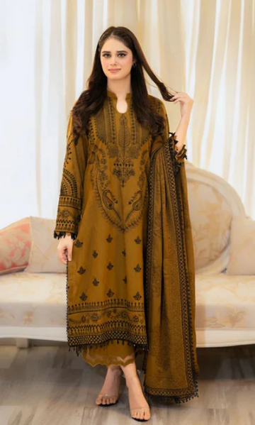 brown - Embroidered Lawn 3 Piece